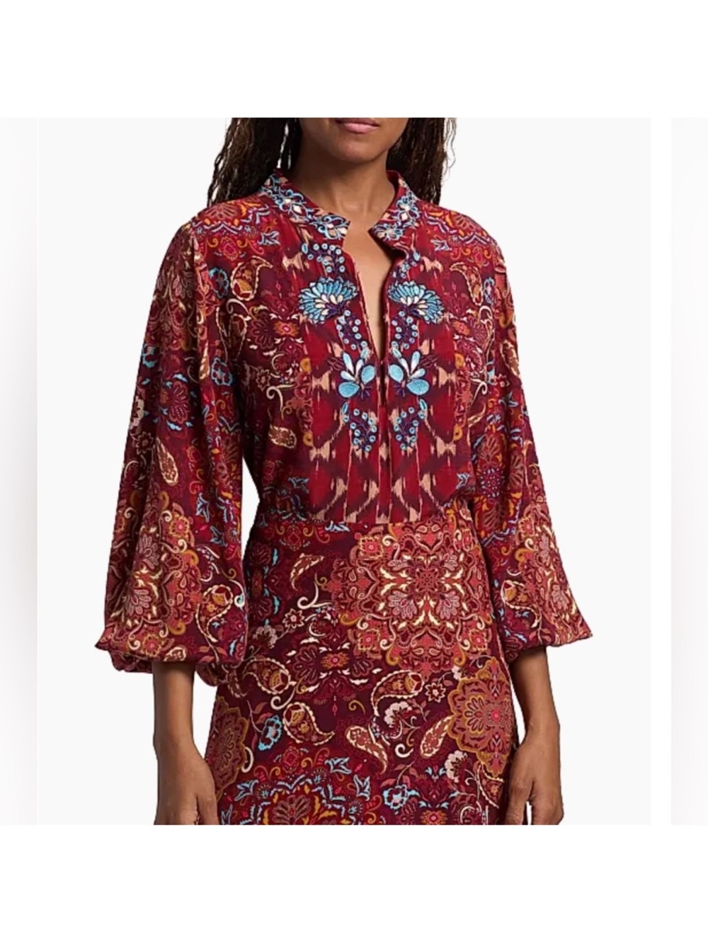 NWT Figue Boho-Inspired Burgundy Floral Split-Neck Blouse